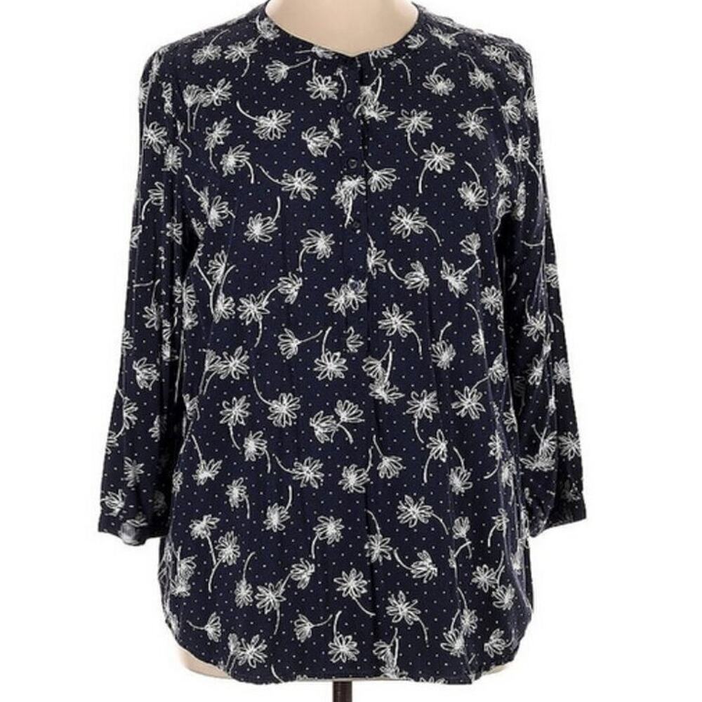 Talbots Navy Floral Rayon Blouse XL Long Sleeve Button Front Cottagecore - Picture 2 of 10